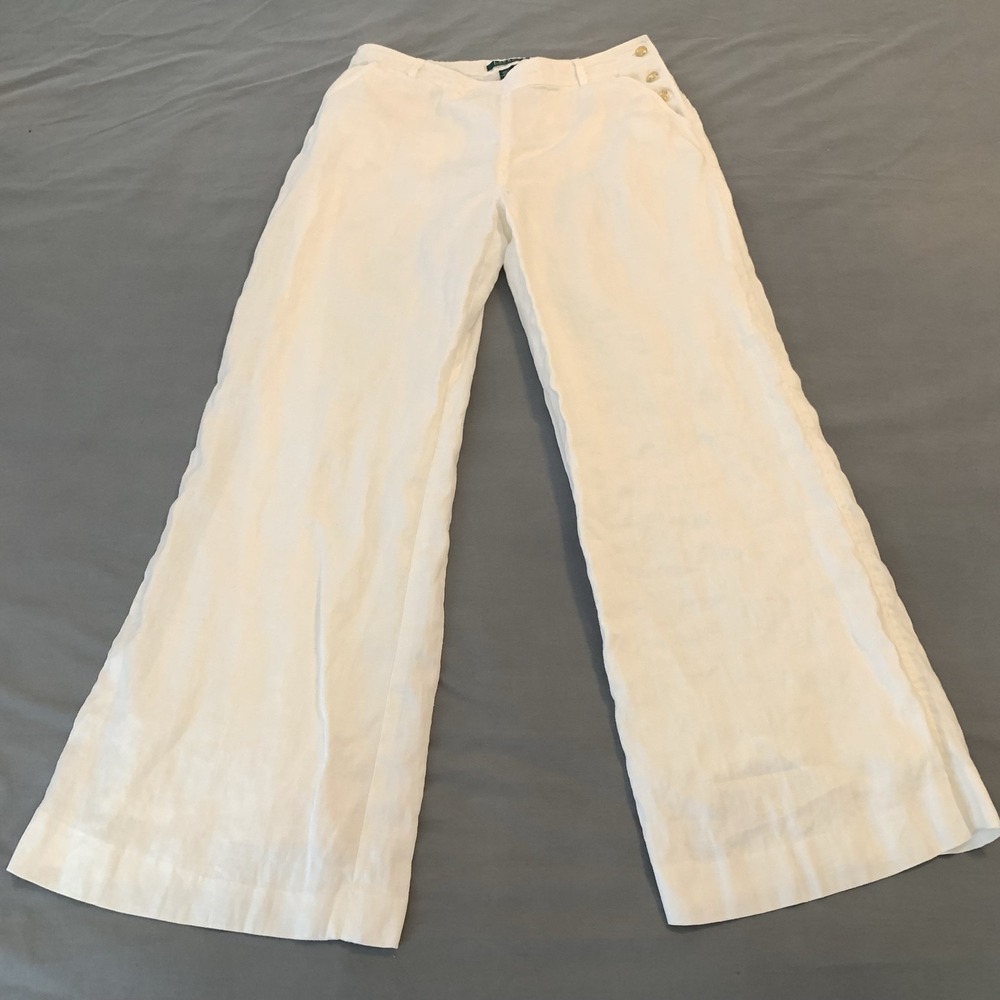 Lauren Ralph Lauren Pants Womens 10 White Linen Wide Leg Lined Summer Casual